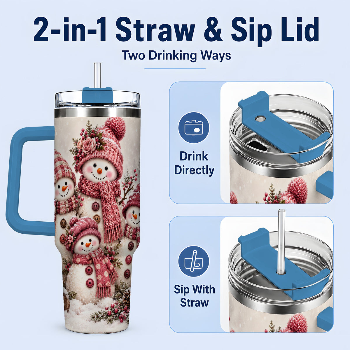 #pl[40oz|Blue] Pink Snowman Family 40oz Tumbler, Cozy Christmas Winter Scene Design