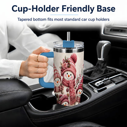#pl[40oz|Blue] Pink Snowman Family 40oz Tumbler, Cozy Christmas Winter Scene Design