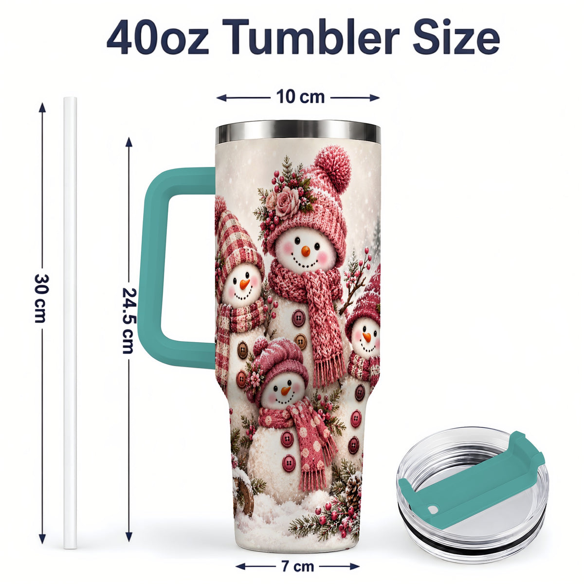 #pl[40oz|Green] Pink Snowman Family 40oz Tumbler, Cozy Christmas Winter Scene Design