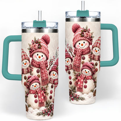 #pl[40oz|Green] Pink Snowman Family 40oz Tumbler, Cozy Christmas Winter Scene Design