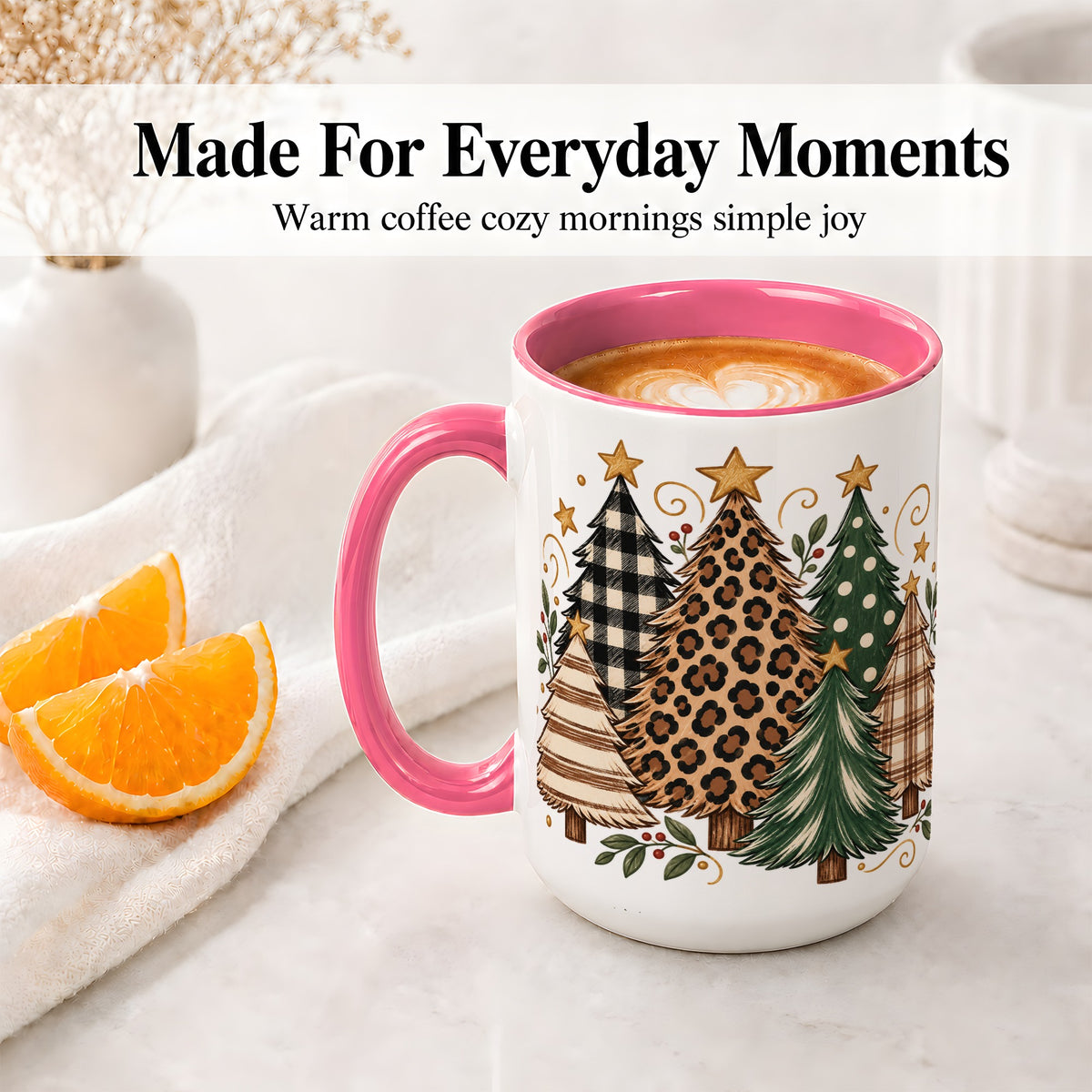 #pl[15oz|Pink] Patterned Christmas Trees Ceramic Mug, Rustic Holiday Artwork