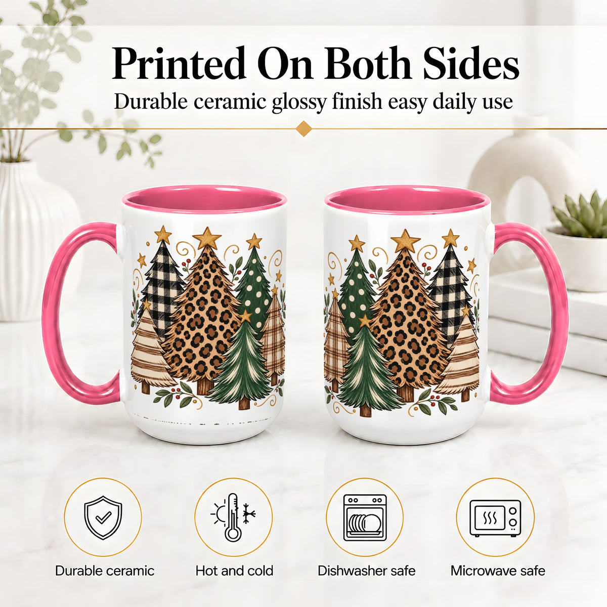 #pl[15oz|Pink] Patterned Christmas Trees Ceramic Mug, Rustic Holiday Artwork