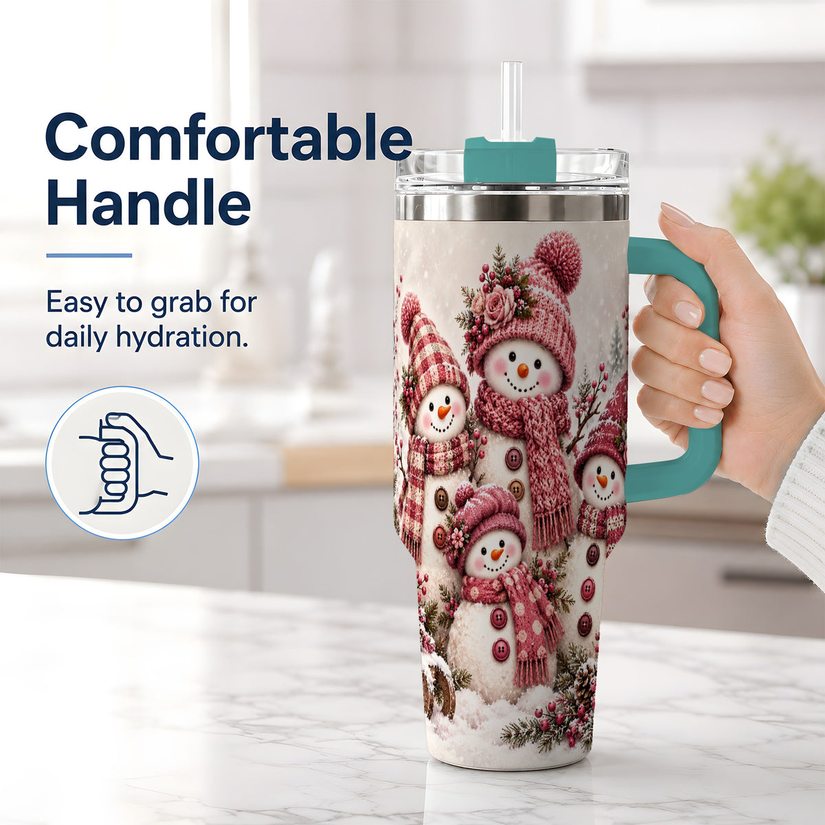 #pl[40oz|Green] Pink Snowman Family 40oz Tumbler, Cozy Christmas Winter Scene Design