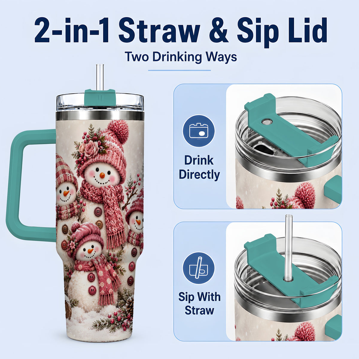 #pl[40oz|Green] Pink Snowman Family 40oz Tumbler, Cozy Christmas Winter Scene Design