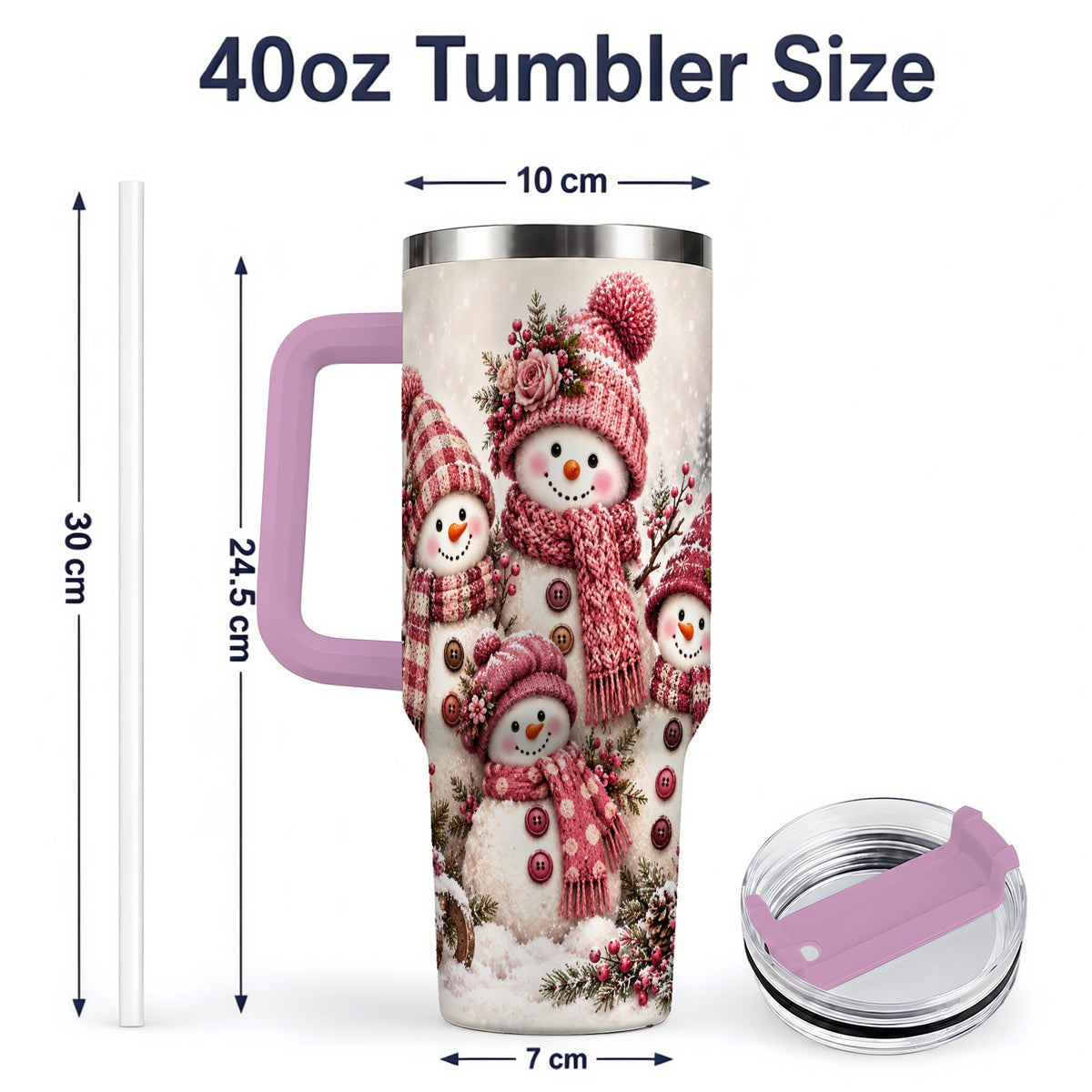#pl[40oz|Pink] Pink Snowman Family 40oz Tumbler, Cozy Christmas Winter Scene Design