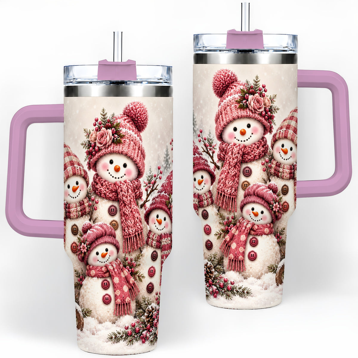 #pl[40oz|Pink] Pink Snowman Family 40oz Tumbler, Cozy Christmas Winter Scene Design