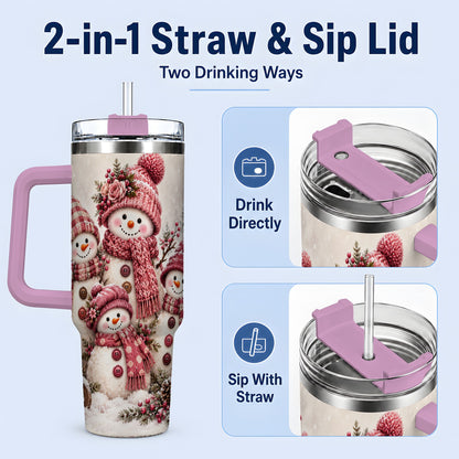 #pl[40oz|Pink] Pink Snowman Family 40oz Tumbler, Cozy Christmas Winter Scene Design