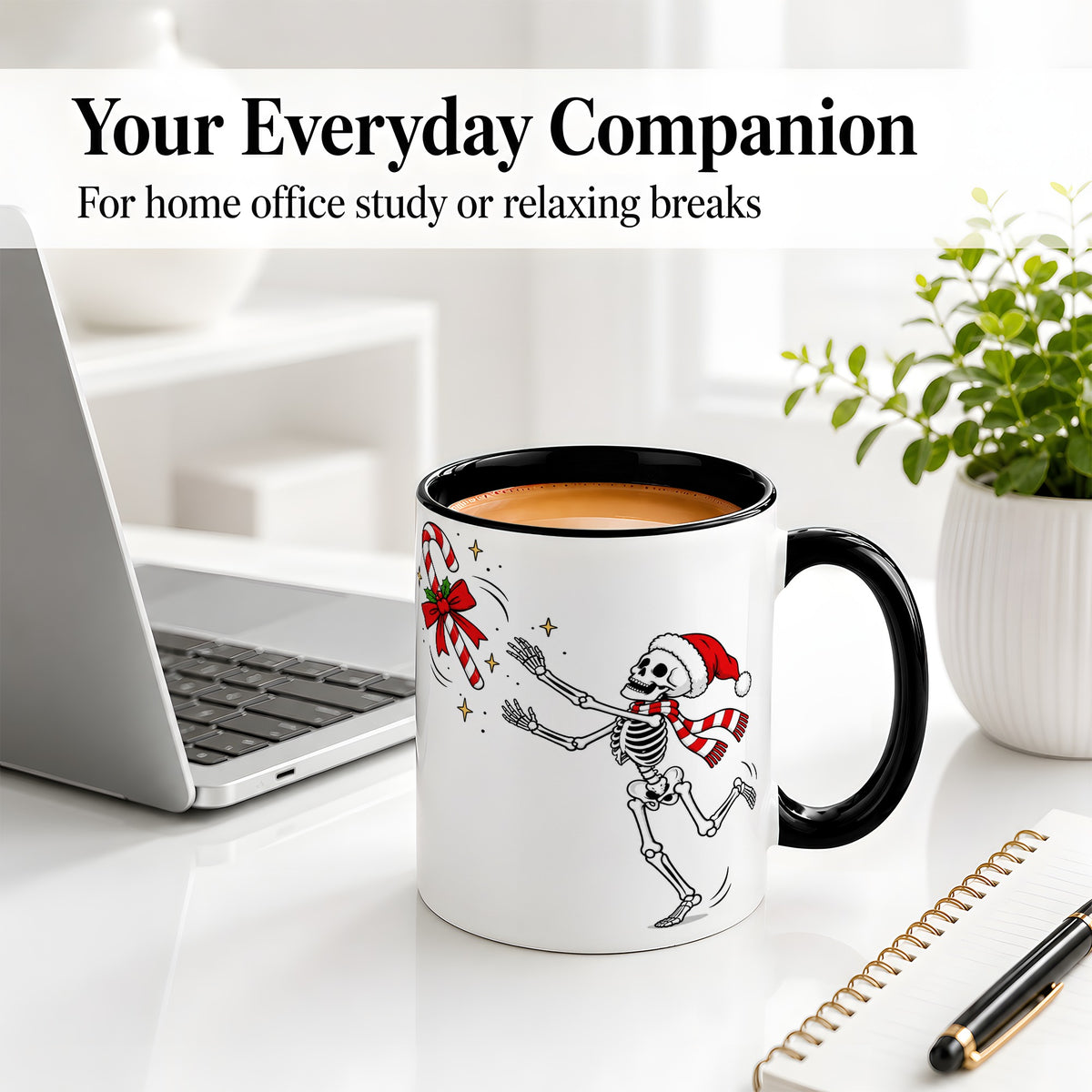 #pl[11oz|Black] Christmas Skeleton Mug, Ceramic Mug with Candy Cane Artwork
