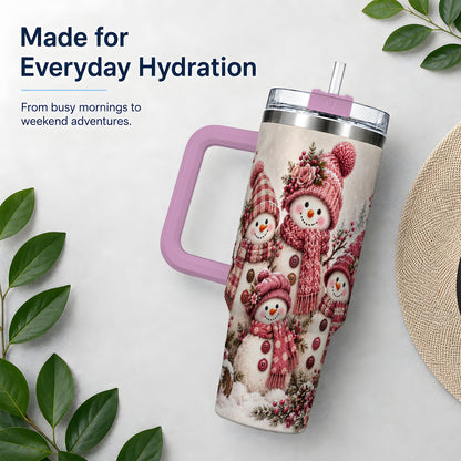 #pl[40oz|Pink] Pink Snowman Family 40oz Tumbler, Cozy Christmas Winter Scene Design