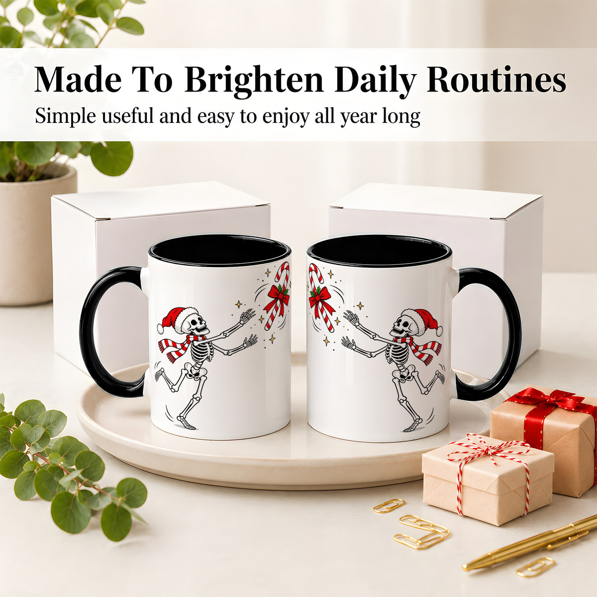 #pl[11oz|Black] Christmas Skeleton Mug, Ceramic Mug with Candy Cane Artwork