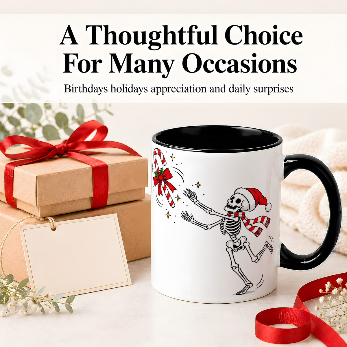 #pl[11oz|Black] Christmas Skeleton Mug, Ceramic Mug with Candy Cane Artwork