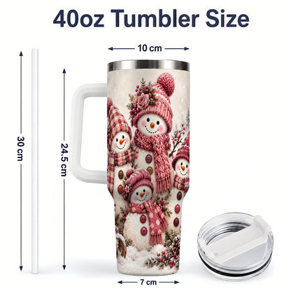 #pl[40oz|White] Pink Snowman Family 40oz Tumbler, Cozy Christmas Winter Scene Design