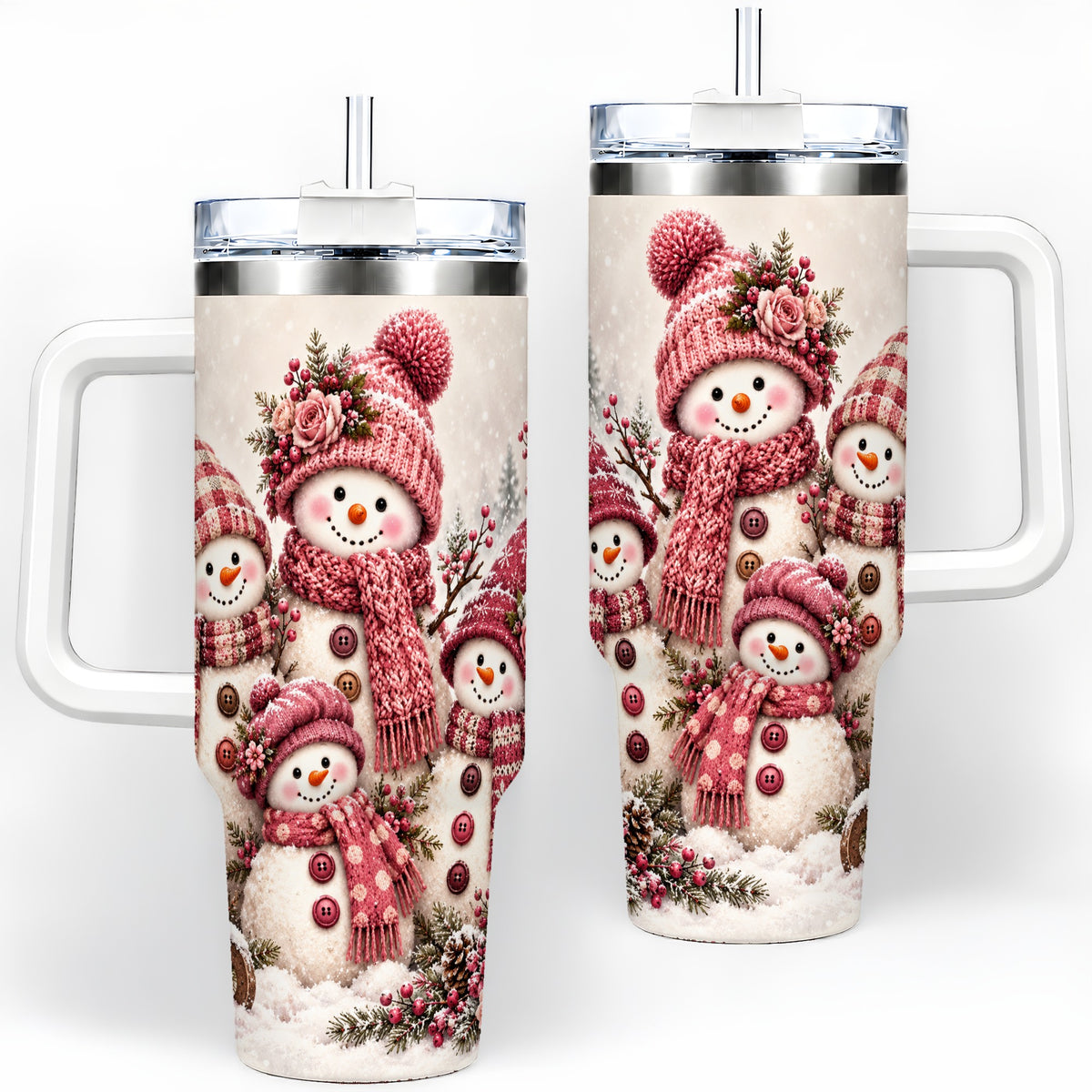 Pink Snowman Family 40oz Tumbler, Cozy Christmas Winter Scene Design