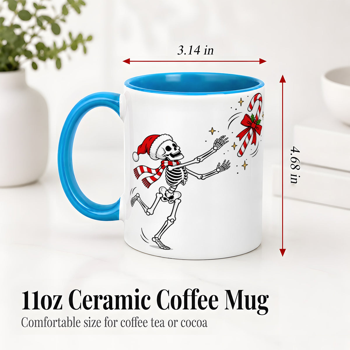 #pl[11oz|Blue] Christmas Skeleton Mug, Ceramic Mug with Candy Cane Artwork