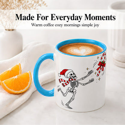 #pl[11oz|Blue] Christmas Skeleton Mug, Ceramic Mug with Candy Cane Artwork