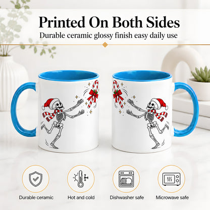 #pl[11oz|Blue] Christmas Skeleton Mug, Ceramic Mug with Candy Cane Artwork
