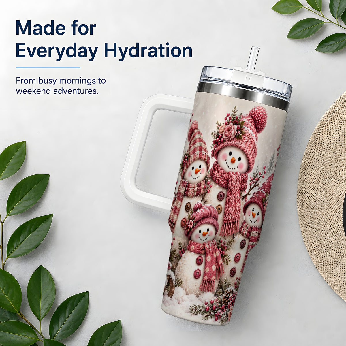 #pl[40oz|White] Pink Snowman Family 40oz Tumbler, Cozy Christmas Winter Scene Design