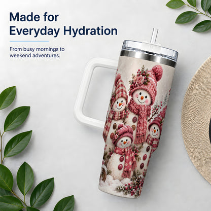 #pl[40oz|White] Pink Snowman Family 40oz Tumbler, Cozy Christmas Winter Scene Design