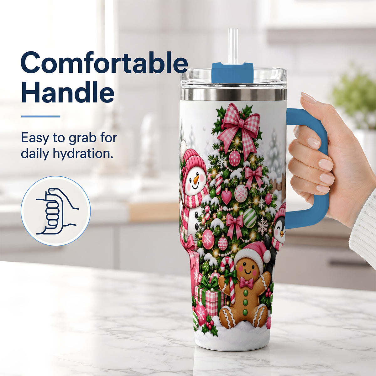 #pl[40oz|Blue] Pink Christmas Characters 40oz Tumbler, Cute Holiday Scene Artwork