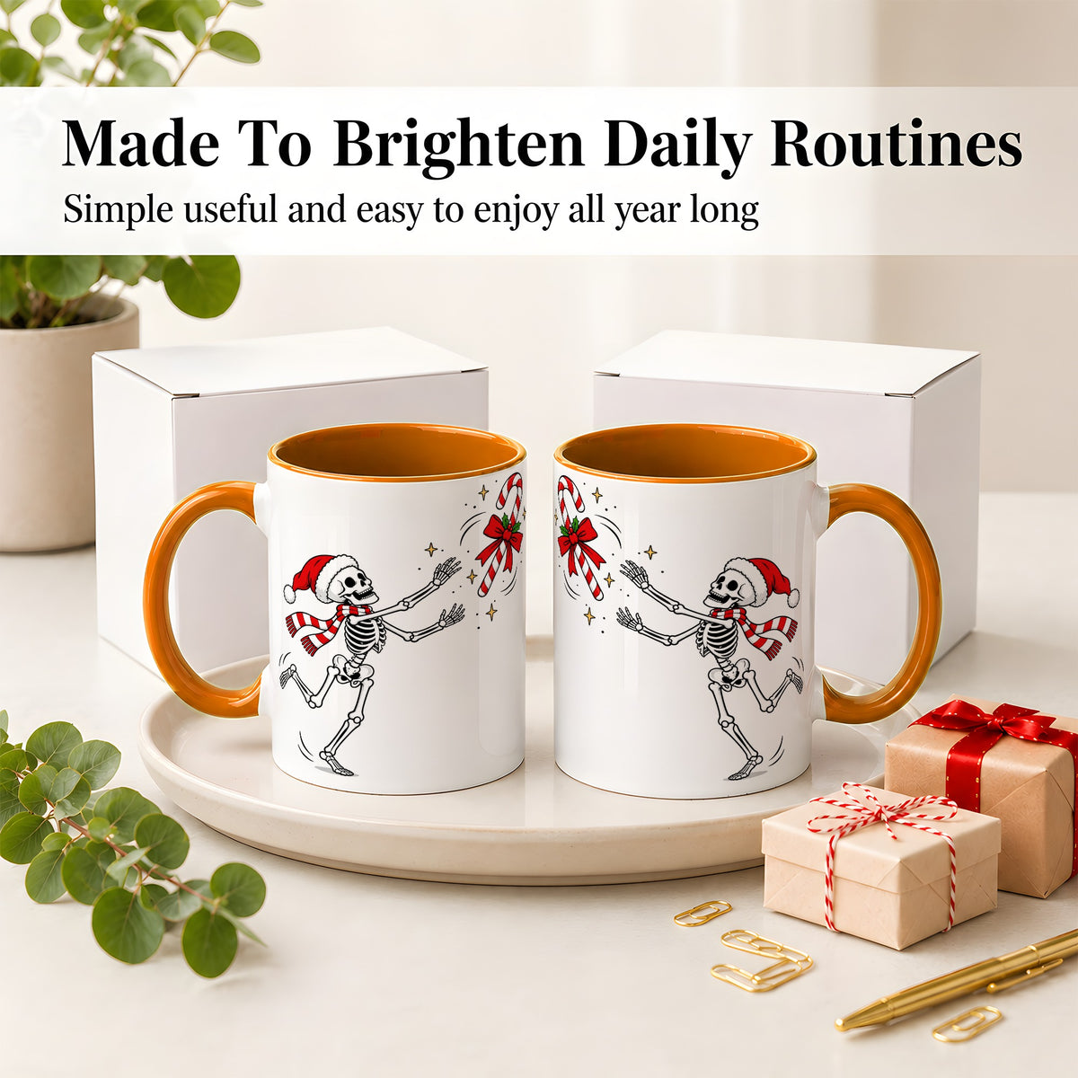 #pl[11oz|Orange] Christmas Skeleton Mug, Ceramic Mug with Candy Cane Artwork