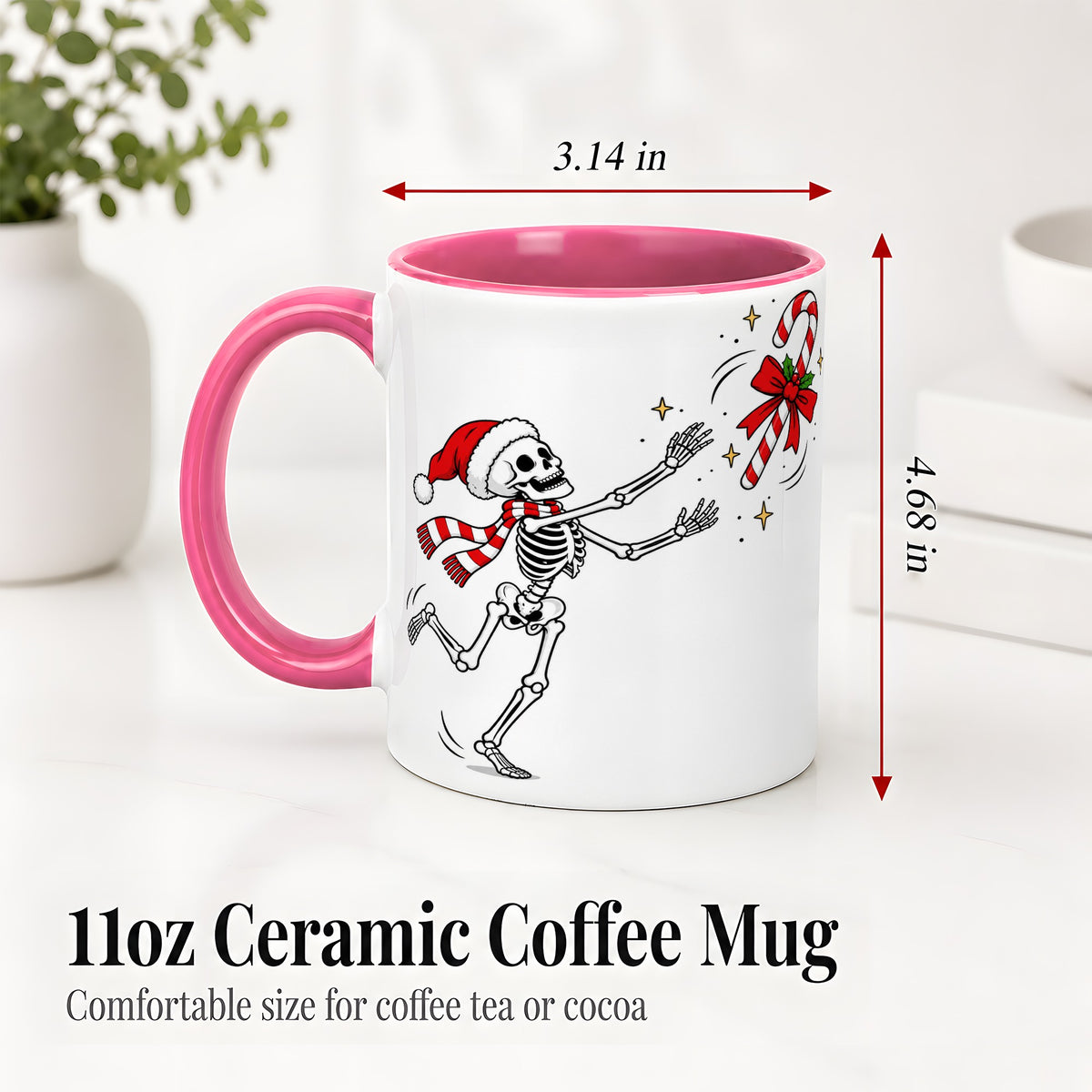 #pl[11oz|Pink] Christmas Skeleton Mug, Ceramic Mug with Candy Cane Artwork