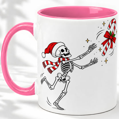 #pl[11oz|Pink] Christmas Skeleton Mug, Ceramic Mug with Candy Cane Artwork