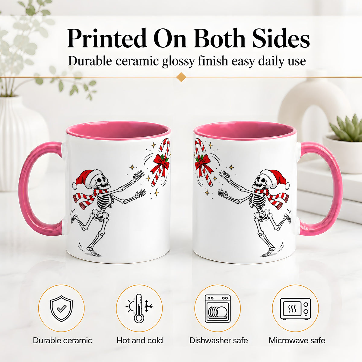 #pl[11oz|Pink] Christmas Skeleton Mug, Ceramic Mug with Candy Cane Artwork