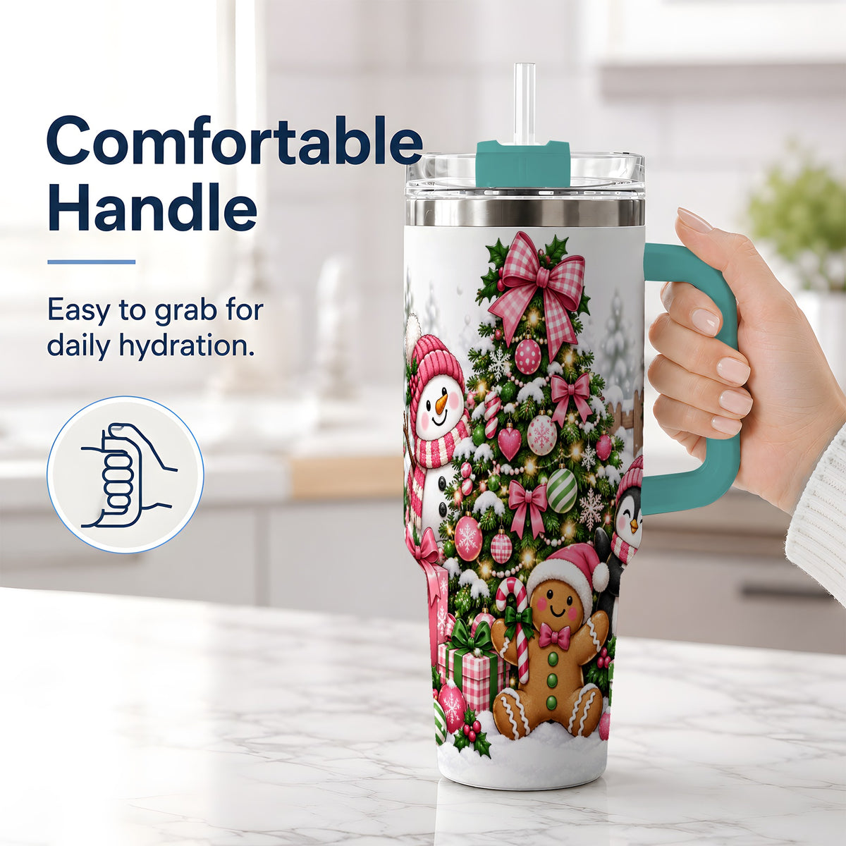 #pl[40oz|Green] Pink Christmas Characters 40oz Tumbler, Cute Holiday Scene Artwork
