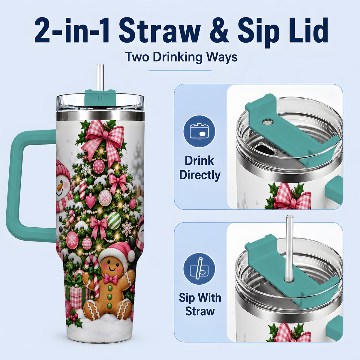 #pl[40oz|Green] Pink Christmas Characters 40oz Tumbler, Cute Holiday Scene Artwork