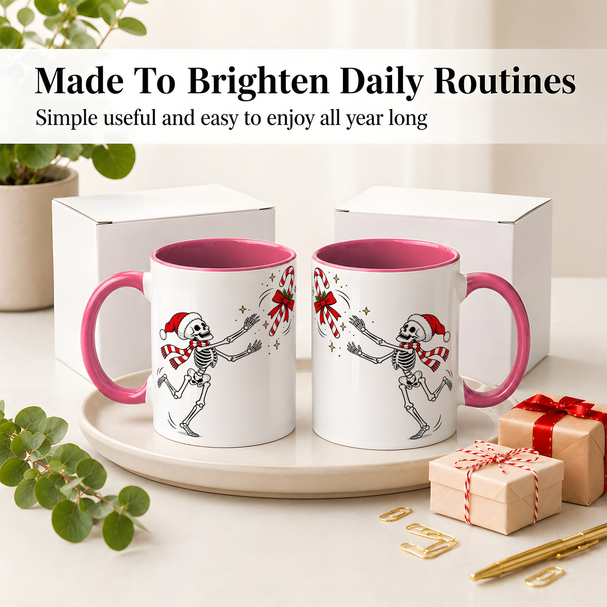 #pl[11oz|Pink] Christmas Skeleton Mug, Ceramic Mug with Candy Cane Artwork
