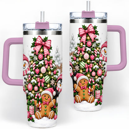 #pl[40oz|Pink] Pink Christmas Characters 40oz Tumbler, Cute Holiday Scene Artwork