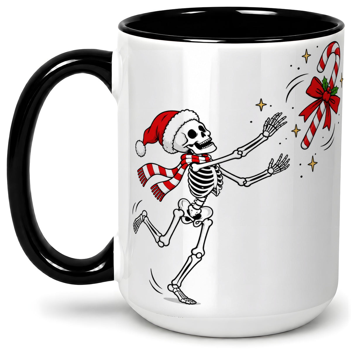 #pl[15oz|Black] Christmas Skeleton Mug, Ceramic Mug with Candy Cane Artwork