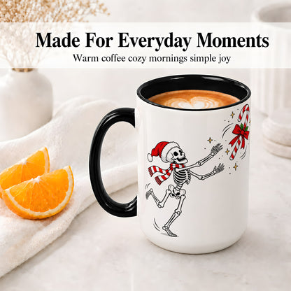 #pl[15oz|Black] Christmas Skeleton Mug, Ceramic Mug with Candy Cane Artwork