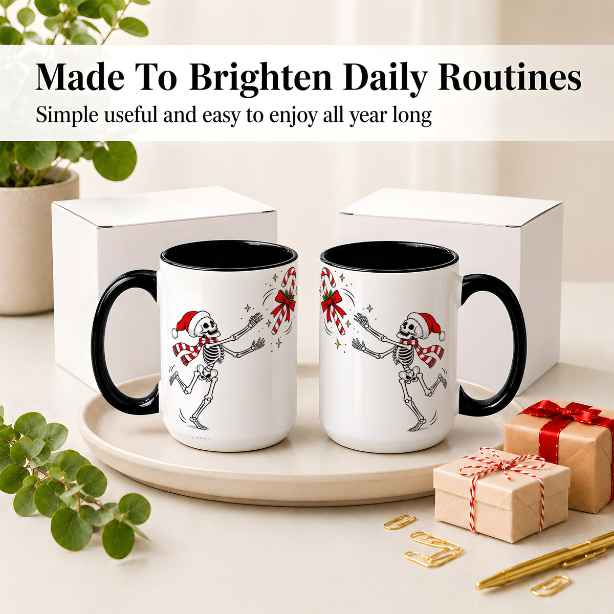 #pl[15oz|Black] Christmas Skeleton Mug, Ceramic Mug with Candy Cane Artwork