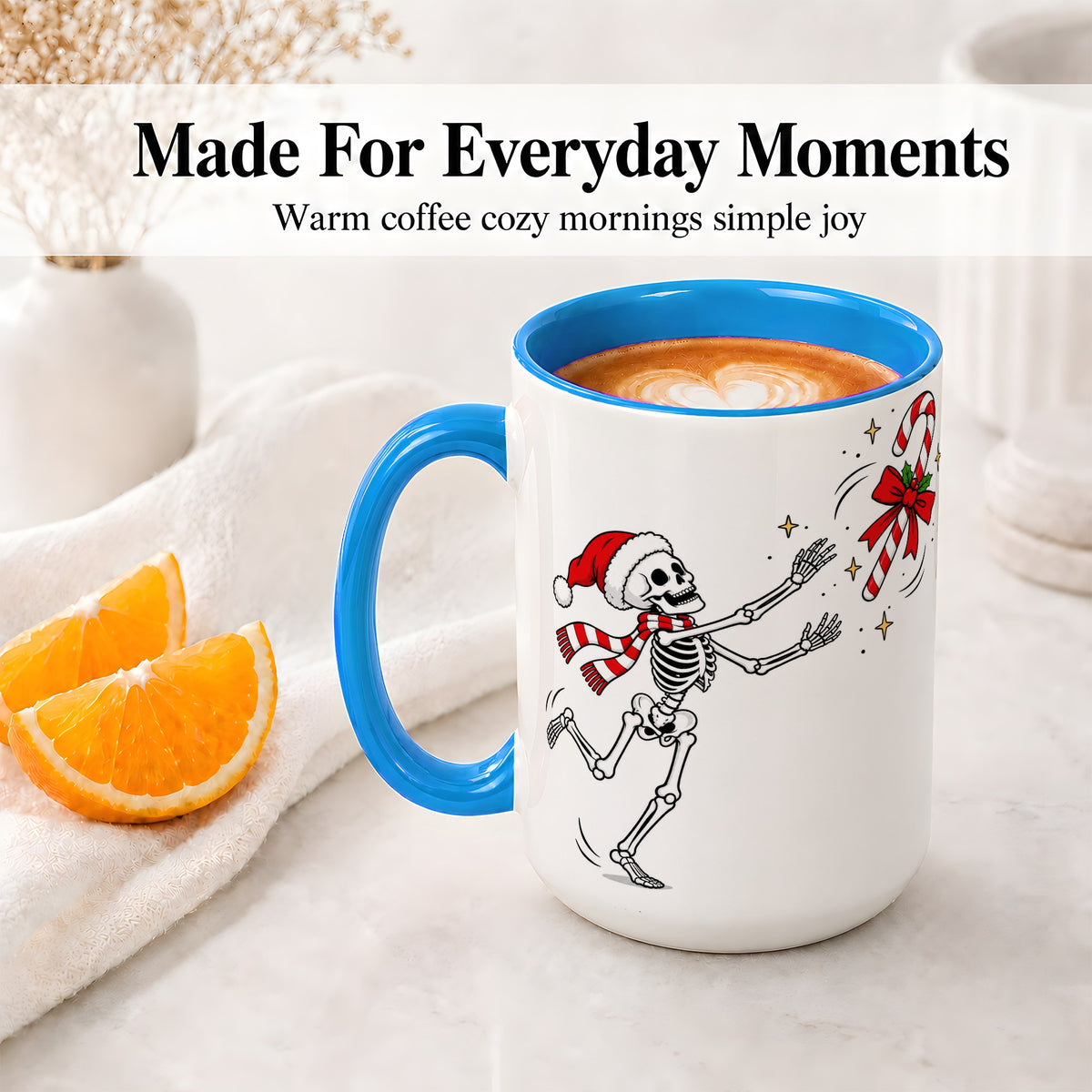#pl[15oz|Blue] Christmas Skeleton Mug, Ceramic Mug with Candy Cane Artwork