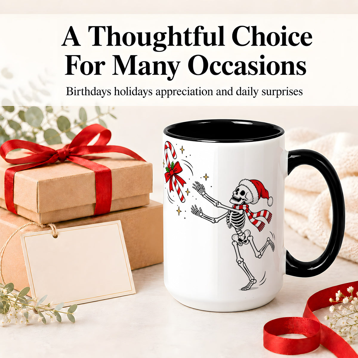 #pl[15oz|Black] Christmas Skeleton Mug, Ceramic Mug with Candy Cane Artwork