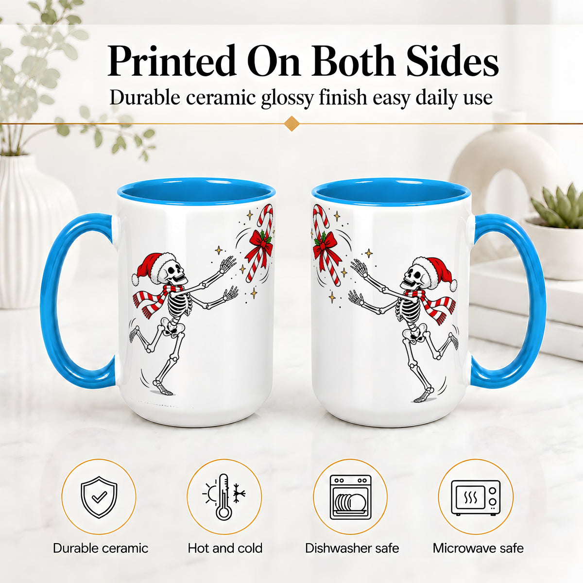 #pl[15oz|Blue] Christmas Skeleton Mug, Ceramic Mug with Candy Cane Artwork