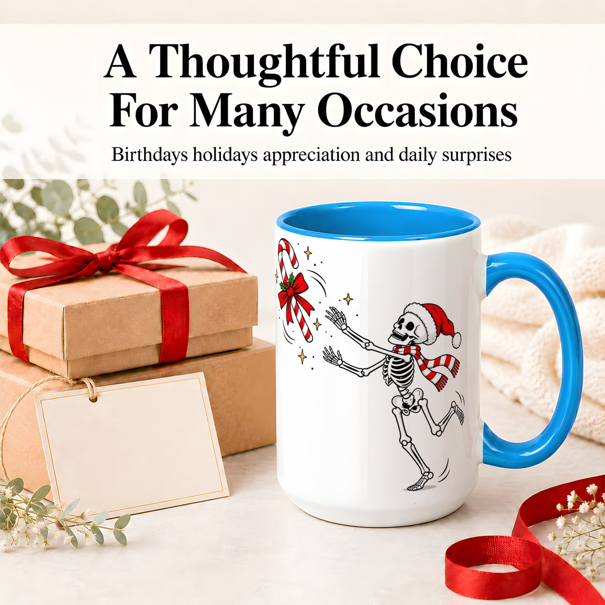 #pl[15oz|Blue] Christmas Skeleton Mug, Ceramic Mug with Candy Cane Artwork