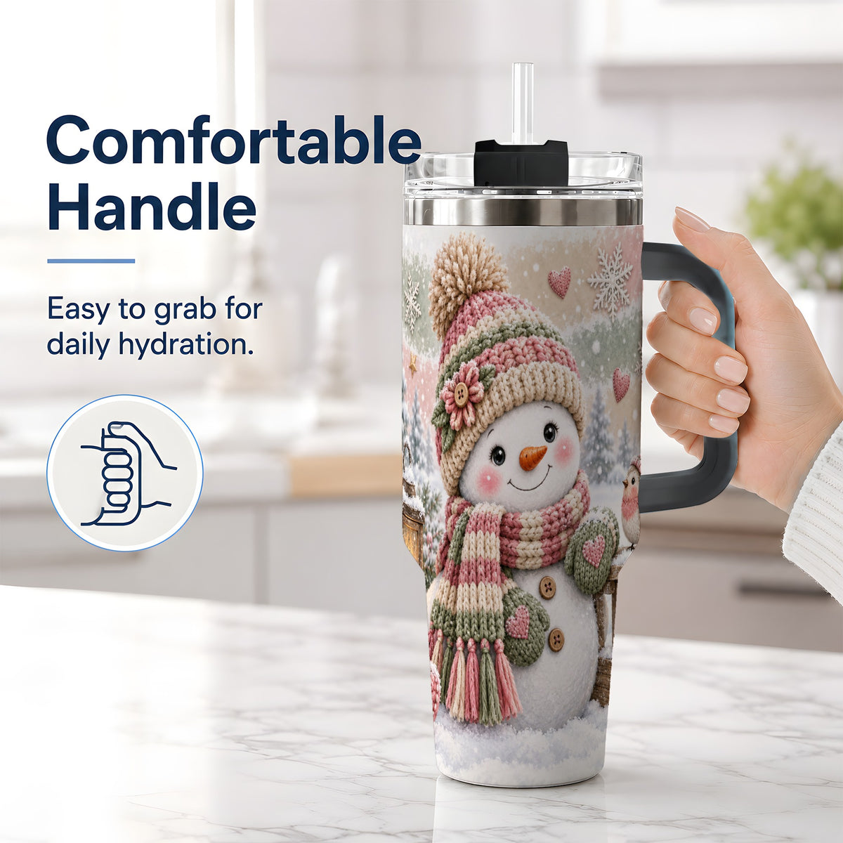 #pl[40oz|Black] Cozy Pink Snowman 40oz Tumbler, Winter Bird Sled and Lantern Design