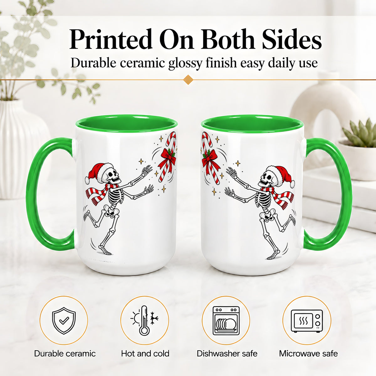 #pl[15oz|Green] Christmas Skeleton Mug, Ceramic Mug with Candy Cane Artwork