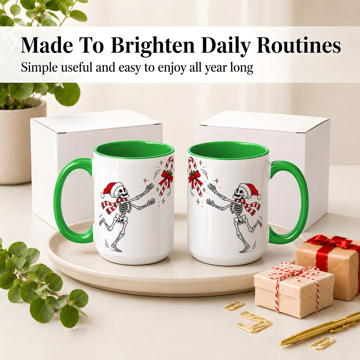 #pl[15oz|Green] Christmas Skeleton Mug, Ceramic Mug with Candy Cane Artwork