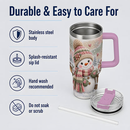 #pl[40oz|Pink] Cozy Pink Snowman 40oz Tumbler, Winter Bird Sled and Lantern Design