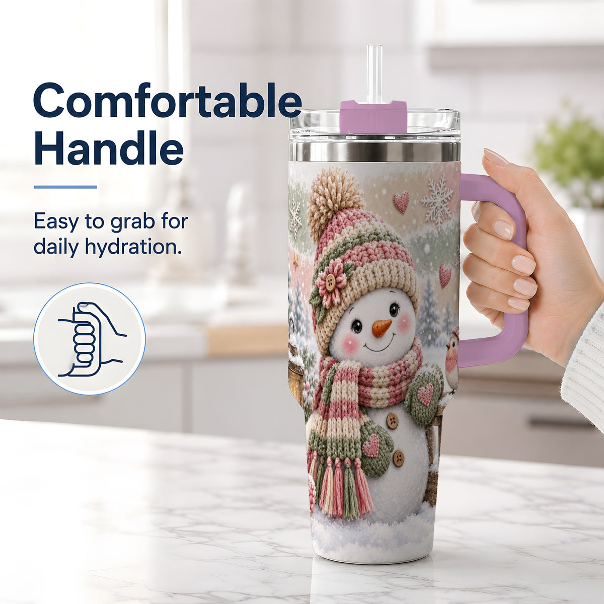 #pl[40oz|Pink] Cozy Pink Snowman 40oz Tumbler, Winter Bird Sled and Lantern Design