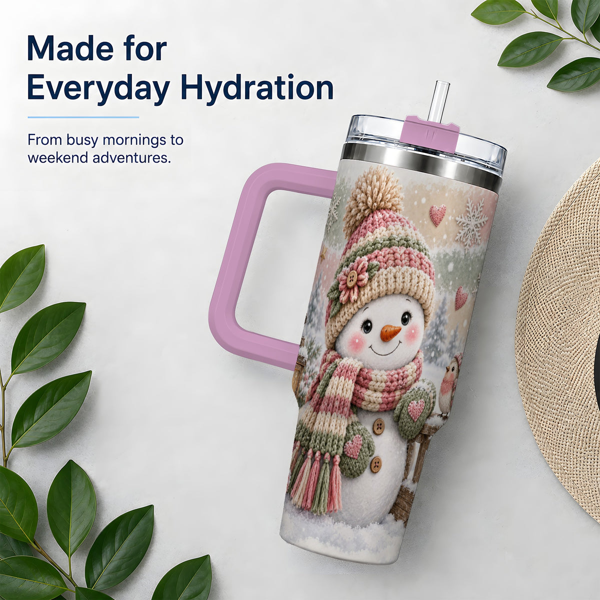 #pl[40oz|Pink] Cozy Pink Snowman 40oz Tumbler, Winter Bird Sled and Lantern Design