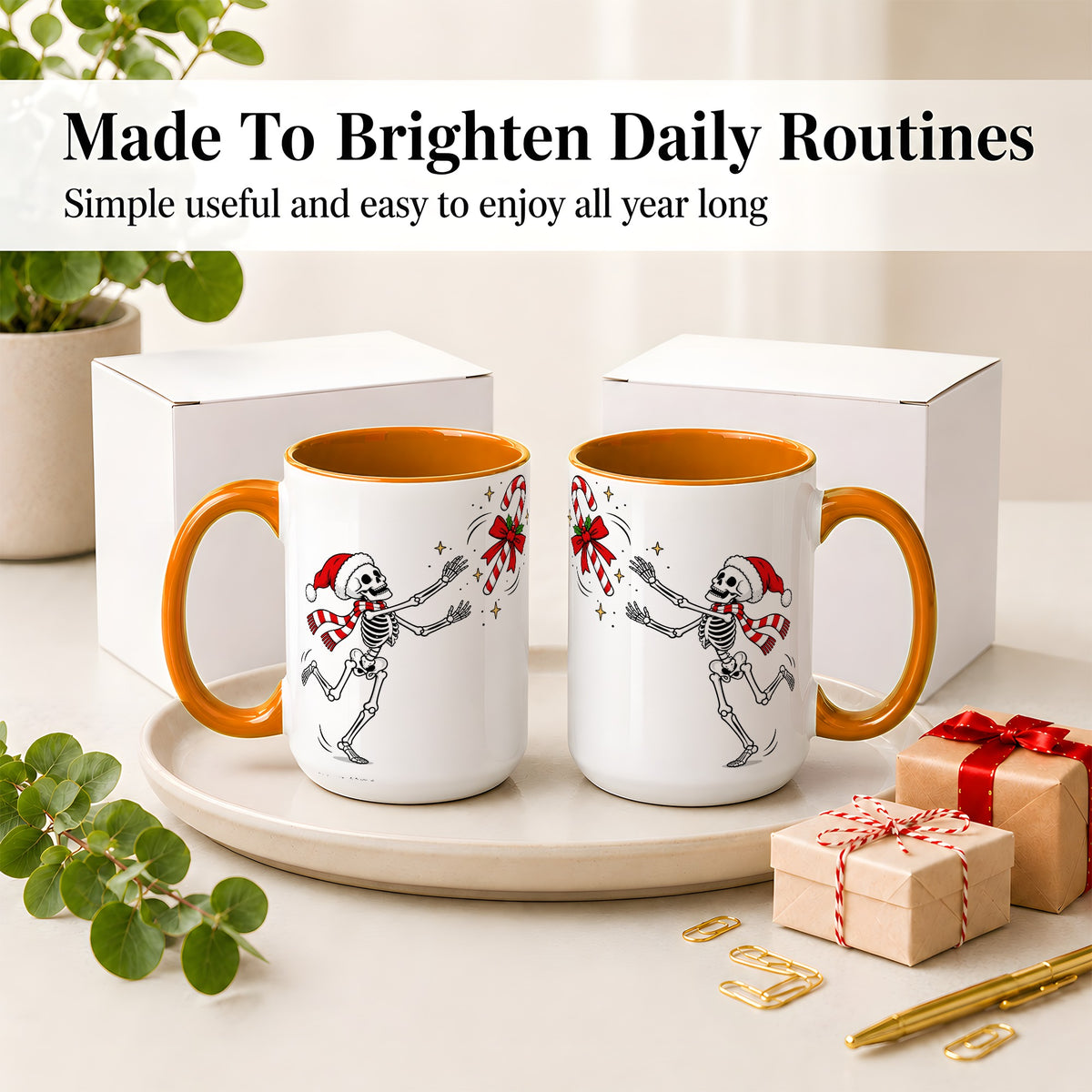 #pl[15oz|Orange] Christmas Skeleton Mug, Ceramic Mug with Candy Cane Artwork