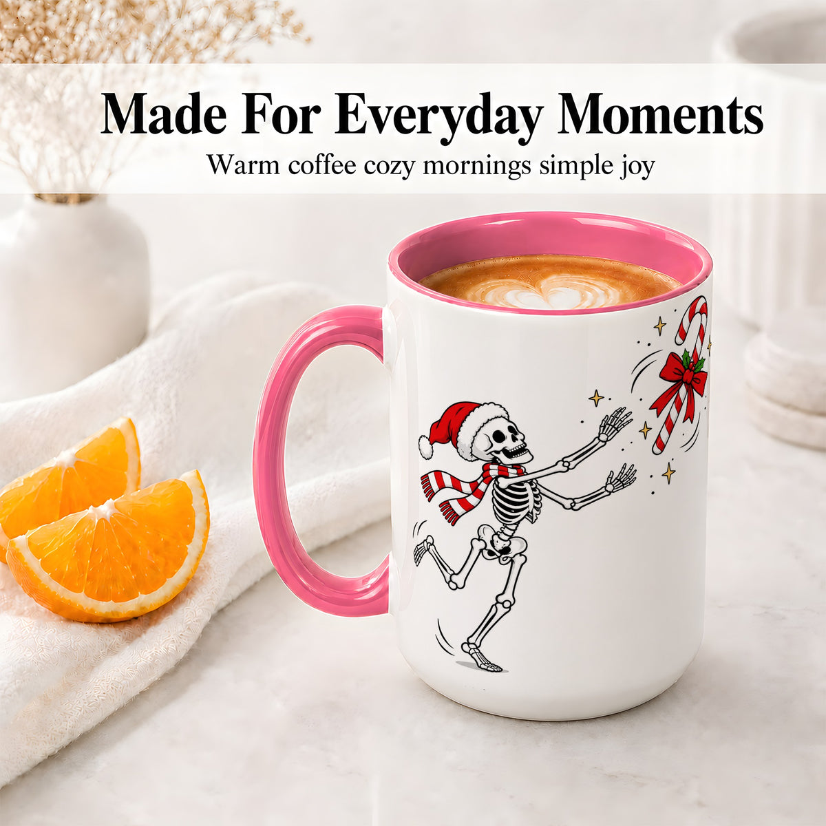 #pl[15oz|Pink] Christmas Skeleton Mug, Ceramic Mug with Candy Cane Artwork