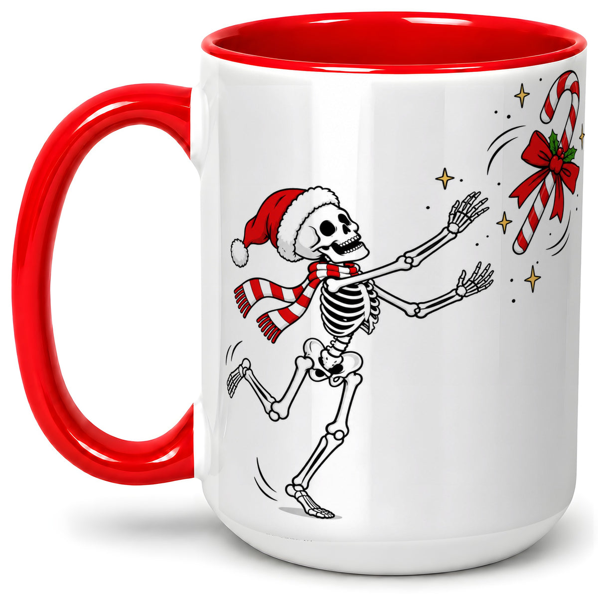 #pl[15oz|Red] Christmas Skeleton Mug, Ceramic Mug with Candy Cane Artwork