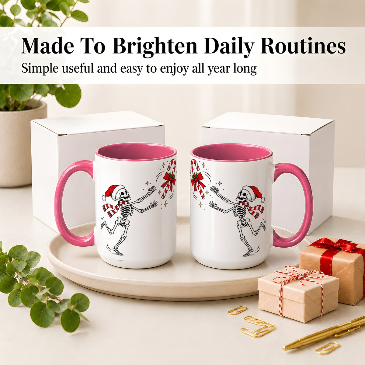 #pl[15oz|Pink] Christmas Skeleton Mug, Ceramic Mug with Candy Cane Artwork