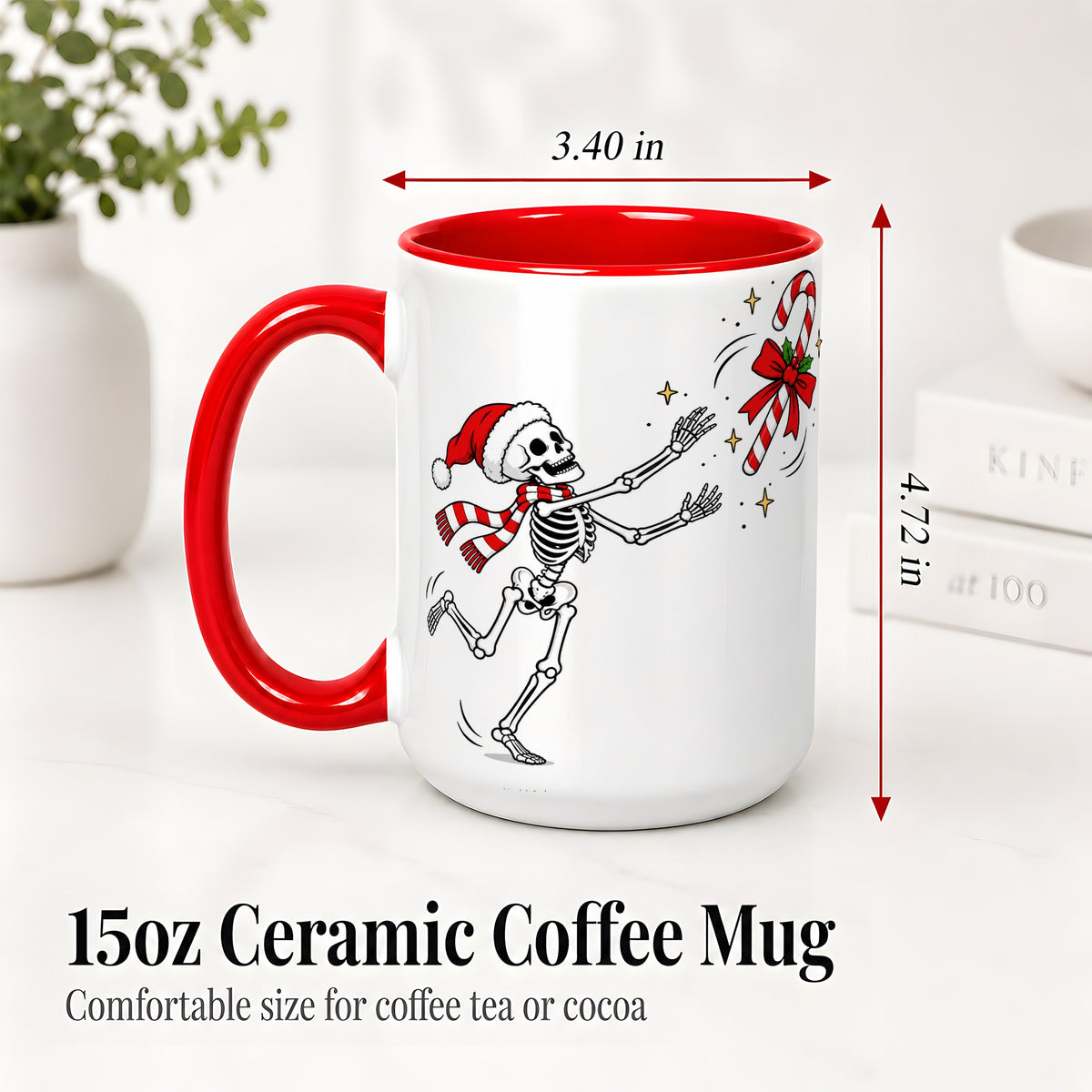 #pl[15oz|Red] Christmas Skeleton Mug, Ceramic Mug with Candy Cane Artwork
