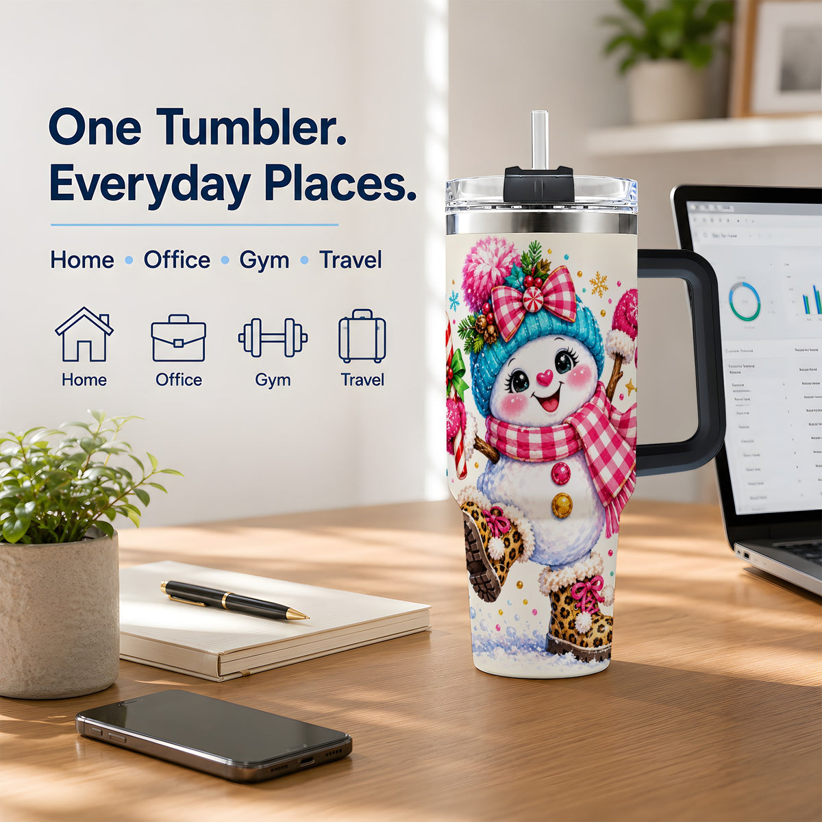 #pl[40oz|Black] Playful Snowman 40oz Tumbler, Bright Pink Christmas Character Design